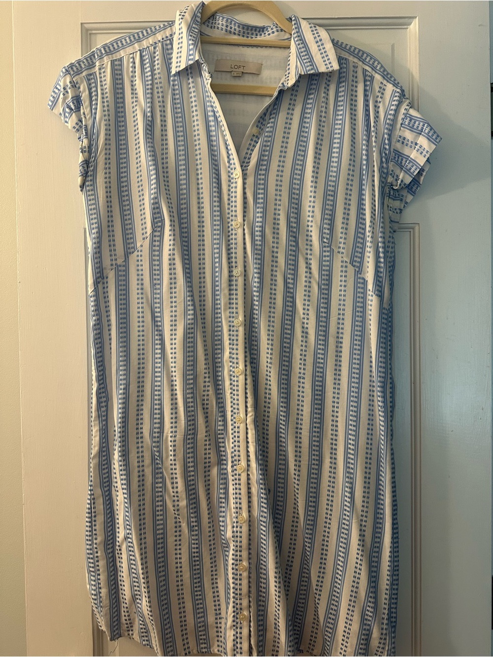 LOFT Blue and White Striped Button-Front Shirt Dress